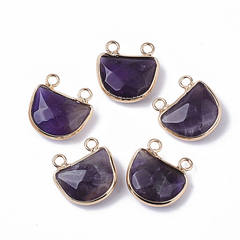 Natural Amethyst Semi Circle Pendants, with Golden Tone Brass Open Back Bezel, Faceted, Half Round, 18x17.5x6.5mm, Hole: 2mm