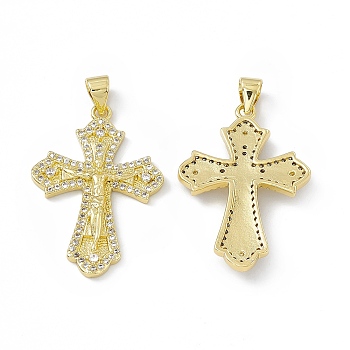 Rack Plating Eco-friendly Brass Charms, Micro Pave Clear Cubic Zirconia, Long-Lasting Plated, Lead Free & Cadmium Free, Religion Crucifix Cross Charm, Real 18K Gold Plated, 20x21x4mm, Hole: 4x3mm
