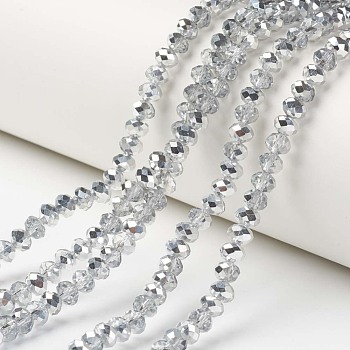 Electroplate Transparent Glass Beads Strands, Half Silver Plated, Faceted, Rondelle, Clear, 4x3mm, Hole: 0.4mm, about 130pcs/strand, 16.54 inch(42cm)