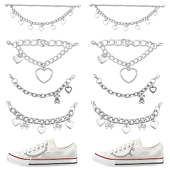WADORN 4 Style Alloy Shoe Chain Straps, with Lobster Claw Clasp & Heart Charms, for High Top Canvas Sneaker, Platinum, 123~191x3.5~10mm