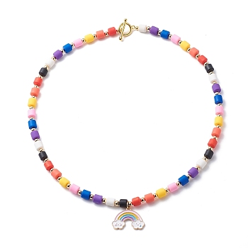 Rainbow Alloy Enamel Pendant Necklaces for Women, Handmade Polymer Clay Bead Necklace, Mixed Color, 18.98 inch(48.2cm)