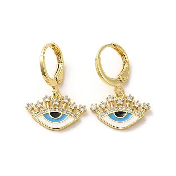 Evil Eye Real 18K Gold Plated Brass Dangle Leverback Earrings, with Enamel and Cubic Zirconia, Eye, 24x16mm
