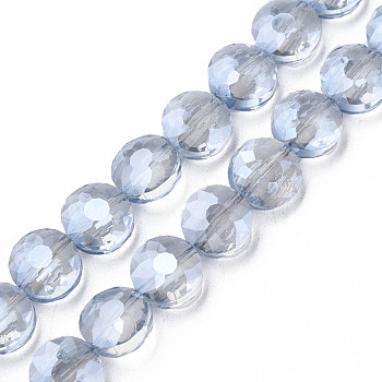 Electroplate Transparent Glass Beads Strands, Faceted, Flat Round, Cornflower Blue, 10x6mm, Hole: 0.9mm, about 70pcs/strand, 27.95 inch(71cm)
