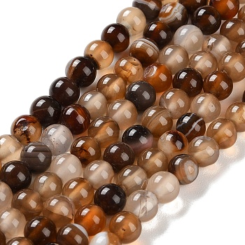 Natural Striped Agate/Banded Agate Beads Strands, Dyed, Round, Sienna, 6mm, Hole: 0.8mm, about 32pcs/strand, 7.60''(19.3cm)