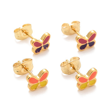 304 Stainless Steel Enamel Stud Earrings, with 316 Surgical Stainless Steel Pin, Golden, Butterfly, Mixed Color, 6x7x1.5mm, Pin: 0.8mm