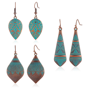 3 Pairs 3 Style Alloy Teardrop with Rhombus Dangle Earrings for Women, Red Copper & Green Patina, 46~52.5mm, Pin: 0.7mm, 1 Pair/style