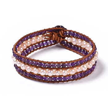 Natural Amethyst Beaded Cord Bracelets, with Freshwater Pearl, Leather Cord and Alloy Clasps, 8-5/8 inch(22cm), 20mm