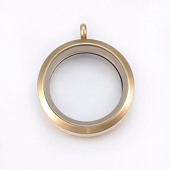 304 Stainless Steel Magnetic Floating Locket Pendants, with Glass, Flat Round, Clear, Golden, 37x30x6.5mm, Hole: 4.5mm, Inner Diameter: 23mm