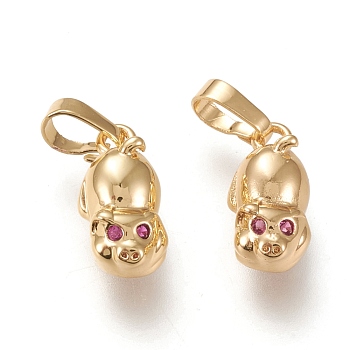 Brass Micro Pave Cubic Zirconia Pendants, Long-lasting Plated, Pig, Hot Pink, Golden, 14x6x5mm, Hole: 6x3mm