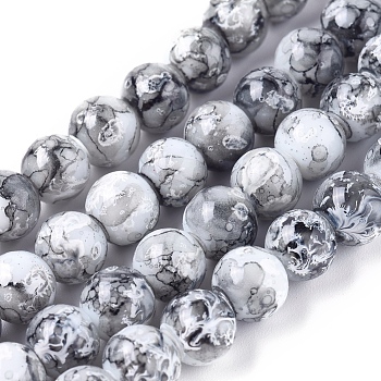 Opaque Spray Painted Glass Beads Strands, Imitation Snowflake Obsidian, Round, Gray, 8mm, Hole: 1mm, about 103 pcs/Strand, 31.10''(79cm)