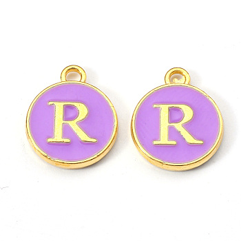 Golden Plated Alloy Enamel Charms, Enamelled Sequins, Flat Round with Letter, Medium Purple, Letter.R, 14x12x2mm, Hole: 1.5mm