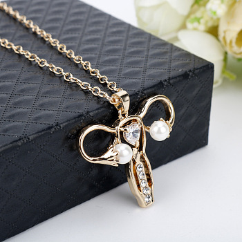 Crystal Rhinestone Female Uterus Pendant Necklace with Imitation Pearl, Alloy Feminism Jewelry for Women, Golden, 8.27 inch~19.69 inch(21~50cm)