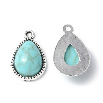 Resin Imitation Turquoise Pendants, with Rack Plating Tibetan Style Alloy Settings, Lead Free & Cadmium Free & Nickel Free, Teardrop Charm, Antique Silver, 19.5x13x5.5mm, Hole: 1.6mm