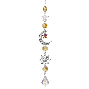 Glass Pendant Decorations, With Alloy Finding, Star with Moon, Gold, 300mm