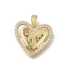 Brass Micro Pave Clear Cubic Zirconia with Enamel Pendants, Heart with Rose Charms, Rack Plating, Long-Lasting Plated, Cadmium Free & Lead Free, Golden, Red, 16x18x2.5mm, Hole: 5x2mm(CU-CBAA556-10C)