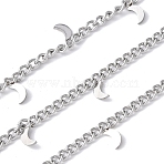 304 Stainless Steel Curb Chains, Unwelded, with Spool, with Moon Charms, Stainless Steel Color, 5.5x3.5x0.5mm(CHS-G041-02P-02)