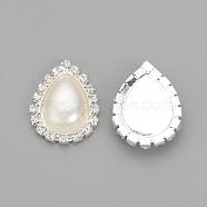 Brass Rhinestone Flat Back Cabochons, with ABS Plastic Imitation Pearl, teardrop, Silver Color Plated, Clear, 26x20x5.5mm(RB-S065-02)
