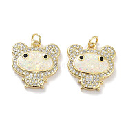 Brass Micro Pave Clear Cubic Zirconia Pendants, with Synthetic Opal and Jump Rings, Real 18K Gold Plated, Bear Charms, White, 18x17.5x3mm, Hole: 3mm(KK-L213-027G)