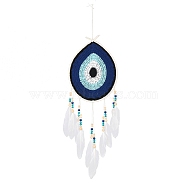 Cotton Woven Net/Web with Feather Hanging Decorations, Bohemia Teardrop with Evil Eye Hanging Ornaments for Home Office Decoration, White, 670mm(PW-WGCDD92-01)