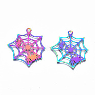201 Stainless Steel Pendants, Ion Plating(IP), Halloween Spider and Web, Rainbow Color, 37.5x33.5x0.3mm, Hole: 2mm(STAS-T061-09)