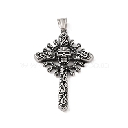 304 Stainless Steel Big Pendants, Cross with Skull Charm, Antique Silver, 63x39x6mm, Hole: 4x7mm(STAS-S122-08AS)