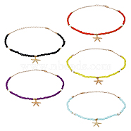 5Pcs 5 Colors Alloy Starfish Boho Pendant Necklaces Set with Glass Beaded Chains, Mixed Color, 15.35 inch(39cm), 1Pc/color(NJEW-FI0001-39)