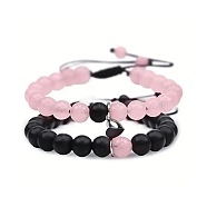 2Pcs Round Dyed Natural Pink Jade & Black Howlite Couple's Love Magnetic Attraction Braided Bead Bracelet Sets, Adjustable Bracelets(ZF3957)