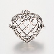 Eco-Friendly Rack Plating Brass Hollow Heart Cage Pendants, Cadmium Free & Lead Free, Antique Silver, 31x32x16mm, Hole: 9x4mm, inner: 26x23mm(KK-M180-13AS-RS)