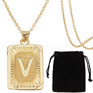 1Pc Brass Pendants, 1Pc Brass Cable Chain Necklaces, 1Pc Rectangle Velvet Pouches, Letter V, 23~445x15.5~70x2mm(NJEW-BBC0001-18V)