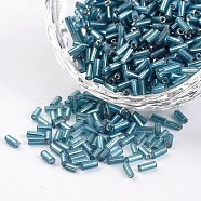 Silver Lined Round Hole Glass Bugle Beads, Dark Cyan, 3~5x1.8~2mm, Hole: 0.8mm, about 12000pcs/450g(SEED-I001-23B)