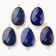 Natural Lapis Lazuli Links, with Light Gold Plated Edge Brass Loops, Oval, Faceted, 38x22.5x6mm, Hole: 2mm(X-G-R464-003D)