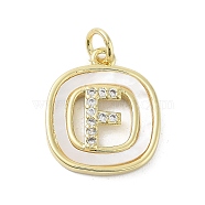 Rack Plating Brass Micro Pave Clear Cubic Zirconia Pendants, with Shell, Cadmium Free & Lead Free, Long-Lasting Plated, Real 18K Gold Plated, with Jump Ring, Letter F, 17.5x15x2.5mm, Hole: 3mm(KK-E102-33G-F)