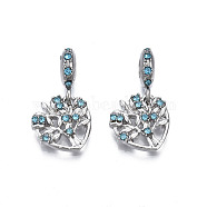 Rack Plating Alloy European Dangle Charms, with Rhinestone, Large Hole Beads, Cadmium Free & Lead Free, Platinum, Heart with Tree of Life, Aquamarine, 23.5mm, Hole: 4.5mm, Heart: 14x13.5x3mm(MPDL-N039-220A)