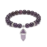 Natural Amethyst Round Beaded Stretch Bracelet with Bullet Charms, Gemstone Yoga Jewelry for Women, Inner Diameter: 2~2-1/8 inch(5.1~5.3cm)(BJEW-JB09018-04)