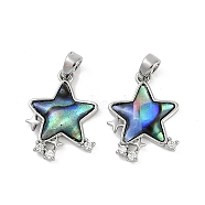 Natural Paua Shell Star Pendants, Brass Micro Pave Clear Cubic Zirconia Star Charms, Platinum, 17.5x14x3mm, Hole: 3x5mm(KK-U043-22P-01)