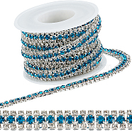Iron Rhinestone Strass Chains, Triple Rows Rhinestone Cup Chain, with Spool, Sapphire, 8.8x3mm, about 9.84 Feet(3m)/Roll(CH-WH0009-05S-02)