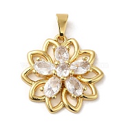 Rack Plating Brass Micro Pave Cubic Zirconia Pendants, Cadmium Free & Lead Free, Real 18K Gold Plated, Long-Lasting Plated, Flower, Clear, 23x22.5x5.5mm, Hole: 3x6mm(X-KK-P241-38G)
