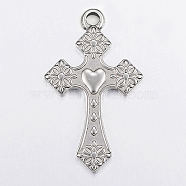 304 Stainless Steel Pendants, Cross with Heart, Stainless Steel Color, 50x31x3mm, Hole: 2.5mm(STAS-G172-03P)