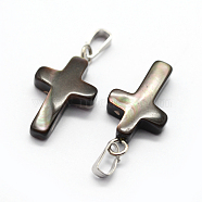 Shell Pendants, with Brass Findings, Cross, Dyed, Platinum, 18~20x9~11x3~5mm, Hole: 2x5mm(SSHEL-E565-A-04P)