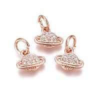 Brass Micro Pave Clear Cubic Zirconia Universe Space Charms, Long-Lasting Plated, Planet, Rose Gold, 7x8.5x1.8mm, Hole: 3.5mm(ZIRC-F816-01-RG)