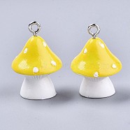 Opaque Resin Pendants, with Platinum Tone Iron Loops, Mushroom with Polka Dots, Yellow, 23~24x17mm, Hole: 2mm(X-RESI-T028-69H)