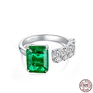Cubic Zirconia Rectangle Open Cuff Ring, Real Platinum Plated Rhodium Plated 925 Sterling Silver Birthstone Ring with S925 Stamp, Green, 2.1~5mm, US Size 7(17.3mm)(RJEW-F150-65P-02)