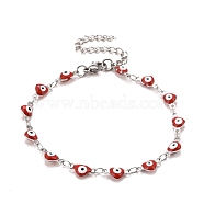 Enamel Heart with Evil Eye Link Chains Bracelet, 304 Stainless Steel Jewelry for Women, Stainless Steel Color, Red, 6-7/8 inch(17.5cm)(BJEW-P271-07P-01)