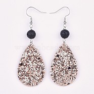 PU Leather Sequins Dangle Earring, with Natural Lava Rock Beads and Brass Earring Hooks, Platinum, Dark Salmon, 73mm, Pin: 0.7mm(EJEW-JE03158-04)