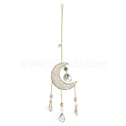 Wire Wrapped Natural Quartz Crystal Chip Moon Pendant Decoration, with Glass Cone/Teardrop Charm and Brass Findings, for Home Hanging Decoration, 470~473mm(HJEW-C006-03B)