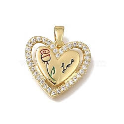 Brass Micro Pave Clear Cubic Zirconia with Enamel Pendants, Heart with Rose Charms, Rack Plating, Long-Lasting Plated, Cadmium Free & Lead Free, Golden, Red, 16x18x2.5mm, Hole: 5x2mm(CU-CBAA556-10C)