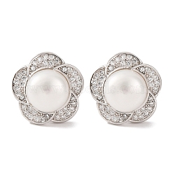 925 Sterling Silver Flower Stud Earrings, with Natural Pearl & Clear Cubic Zirconia, Real Platinum Plated, 13.5x13.8mm(EJEW-C115-10P)