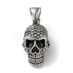 304 Stainless Steel Pendants, with Rhinestone, Antique Silver, Skull Charm, Crystal, 27.5x13.5x16.5mm, Hole: 9x4mm(STAS-D014-09AS-02)