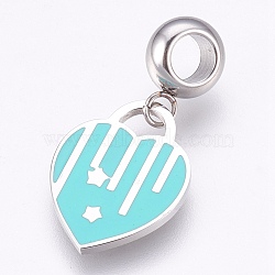 304 Stainless Steel European Dangle Charms, Large Hole Pendants, with Enamel, Heart with Star, Stainless Steel Color, Cyan, 27mm, Hole: 4mm, Pendant: 17.5x13x1mm(STAS-O097-20B)