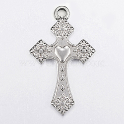 304 Stainless Steel Pendants, Cross with Heart, Stainless Steel Color, 50x31x3mm, Hole: 2.5mm(STAS-G172-03P)